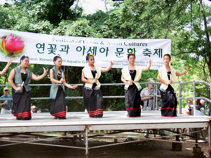 Traditional Korean performers in hanbok at a folk village