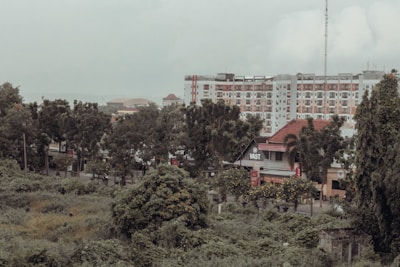 An urban landscape features a mix of greenery and modern architecture. There is a row of trees in the foreground, a dense growth of bushes and plants, and several multi-story buildings in the background. One of the buildings has a sign with the word 'VAST', suggesting it may be a business or public space.