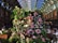 A lush, vertical display of assorted flowers, predominantly pink and white, surrounded by vibrant green foliage. This floral arrangement is set against an elegant arched indoor setting with a glass-paneled ceiling and ornate metal structures, providing a charming contrast between nature and architecture.