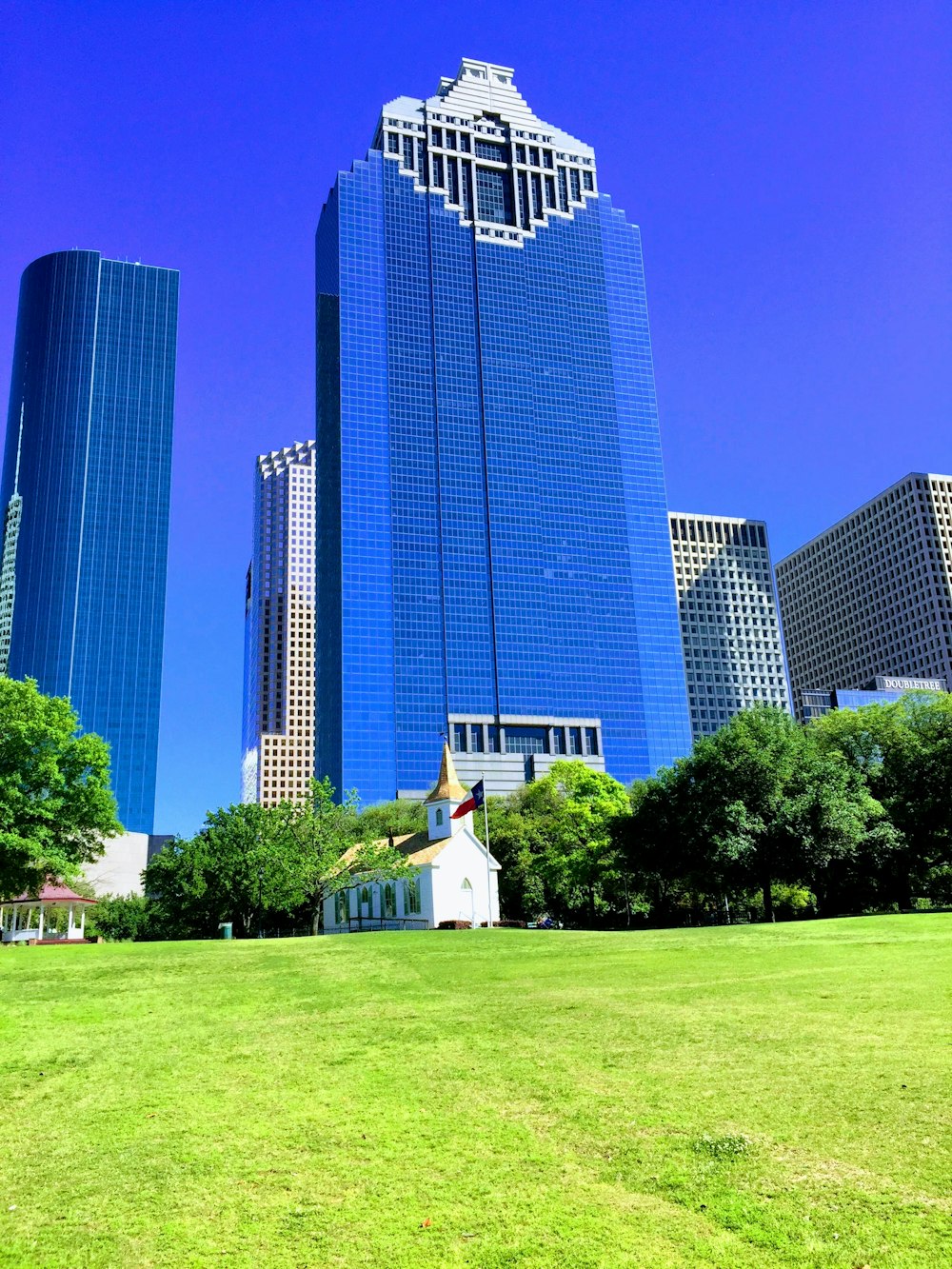 a grassy field with buildings in the background