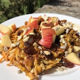 A white plate holds a portion of grated vegetable fritters, topped with diced red apples, raisins, and a mix of sunflower seeds and chopped nuts. The dish sits outdoors with greenery in the background, catching sunlight which highlights the textures and colors of the ingredients.