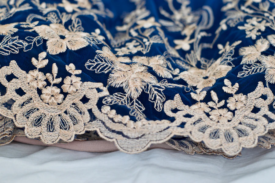 Blue and white floral embroidered textile