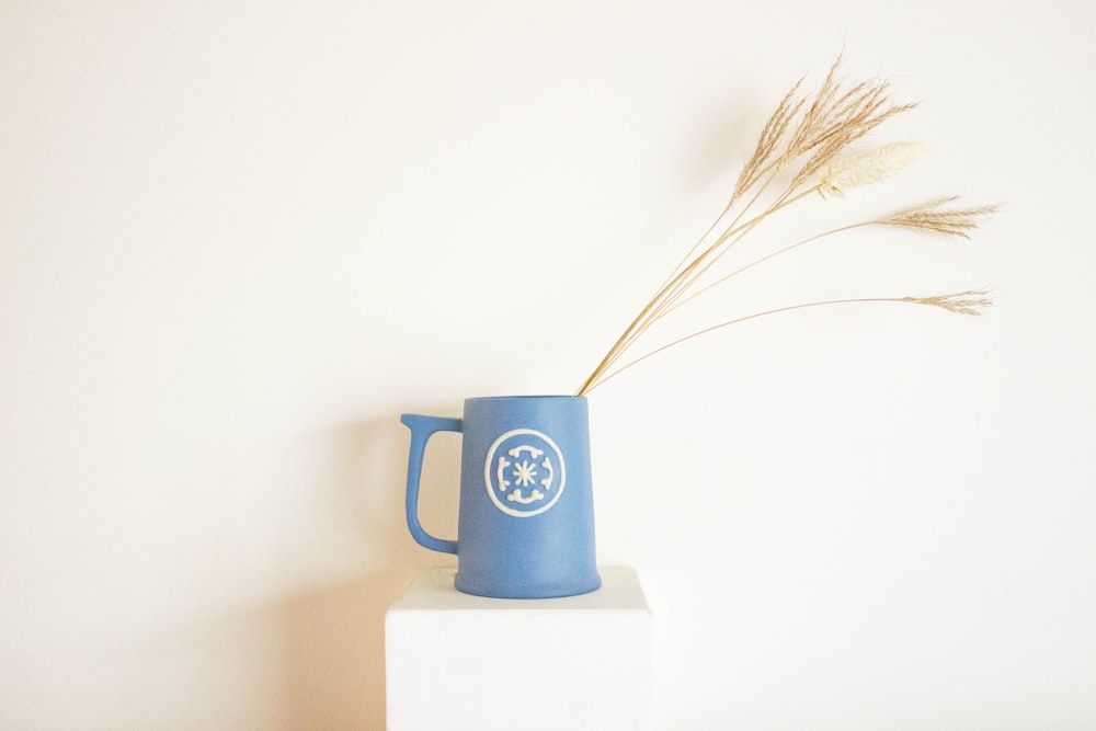 blue and white ceramic mug on white table