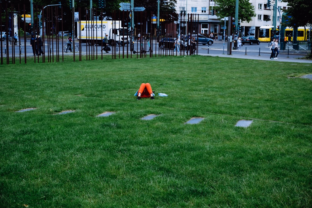 Persona con sudadera con capucha naranja sentada en un campo de hierba verde durante el día