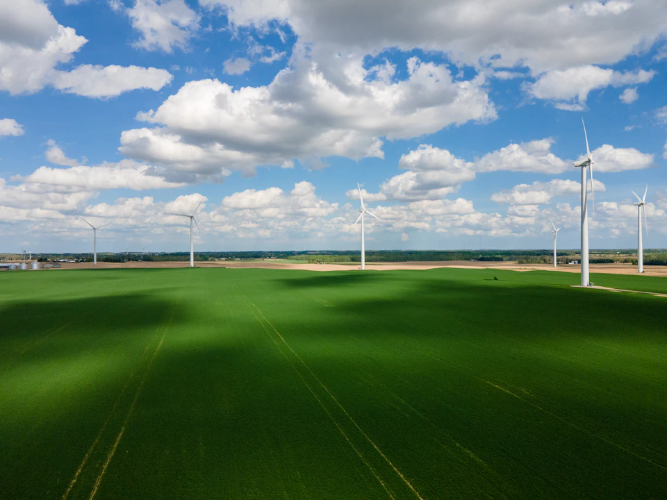 Wind turbines stand tall in a vast, green field against a clear blue sky dotted