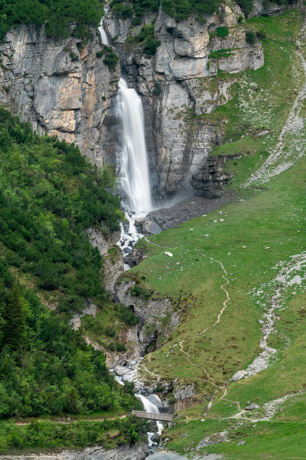 waterfalls on green grass field during daytime