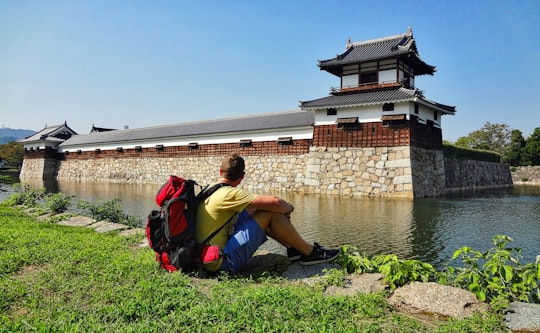 man in yellow shirt and black shorts sitting on green grass field near brown brick building in Hiroshima Castle Japan