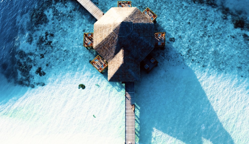 aerial view of brown and black building beside body of water during daytime