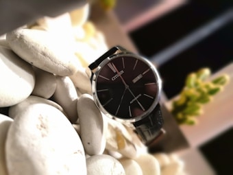A sleek, silver-framed wristwatch with a black dial is elegantly displayed on a pile of white pebbles. The watch face shows the brand name and the current day and date. A hint of greenery is visible in the blurred background, suggesting a stylish and modern setting.
