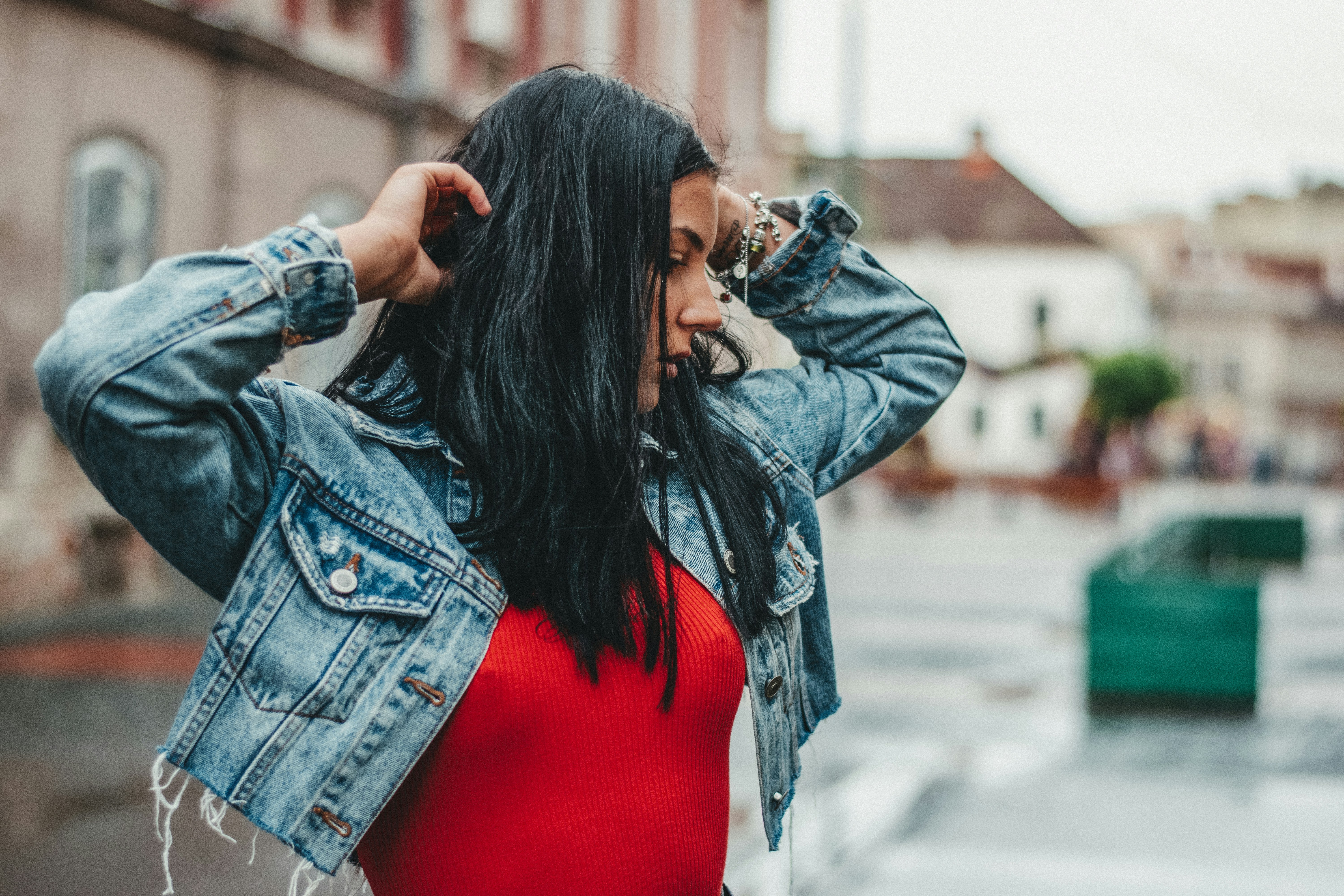 red shirt denim jacket