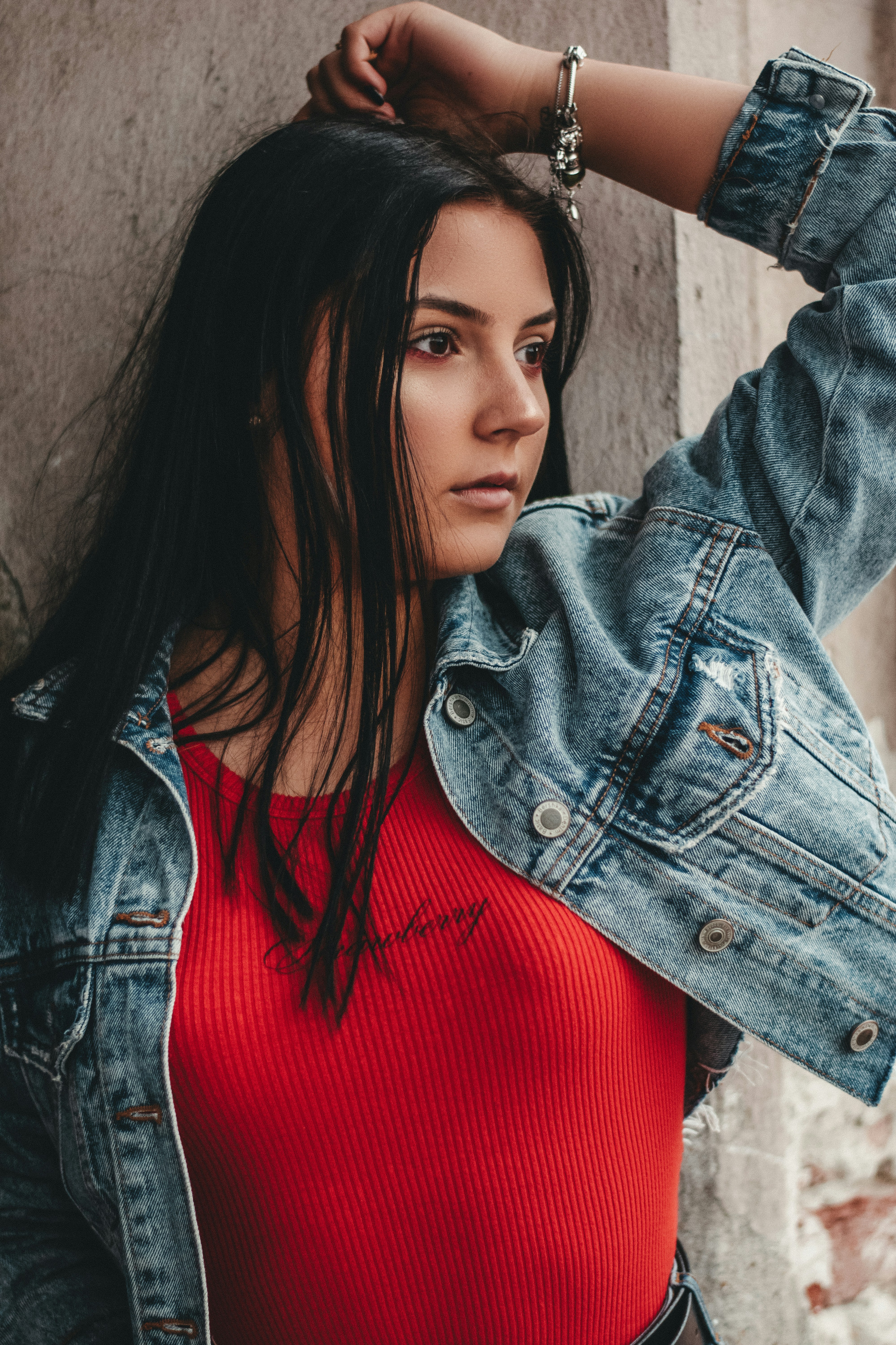 red shirt denim jacket