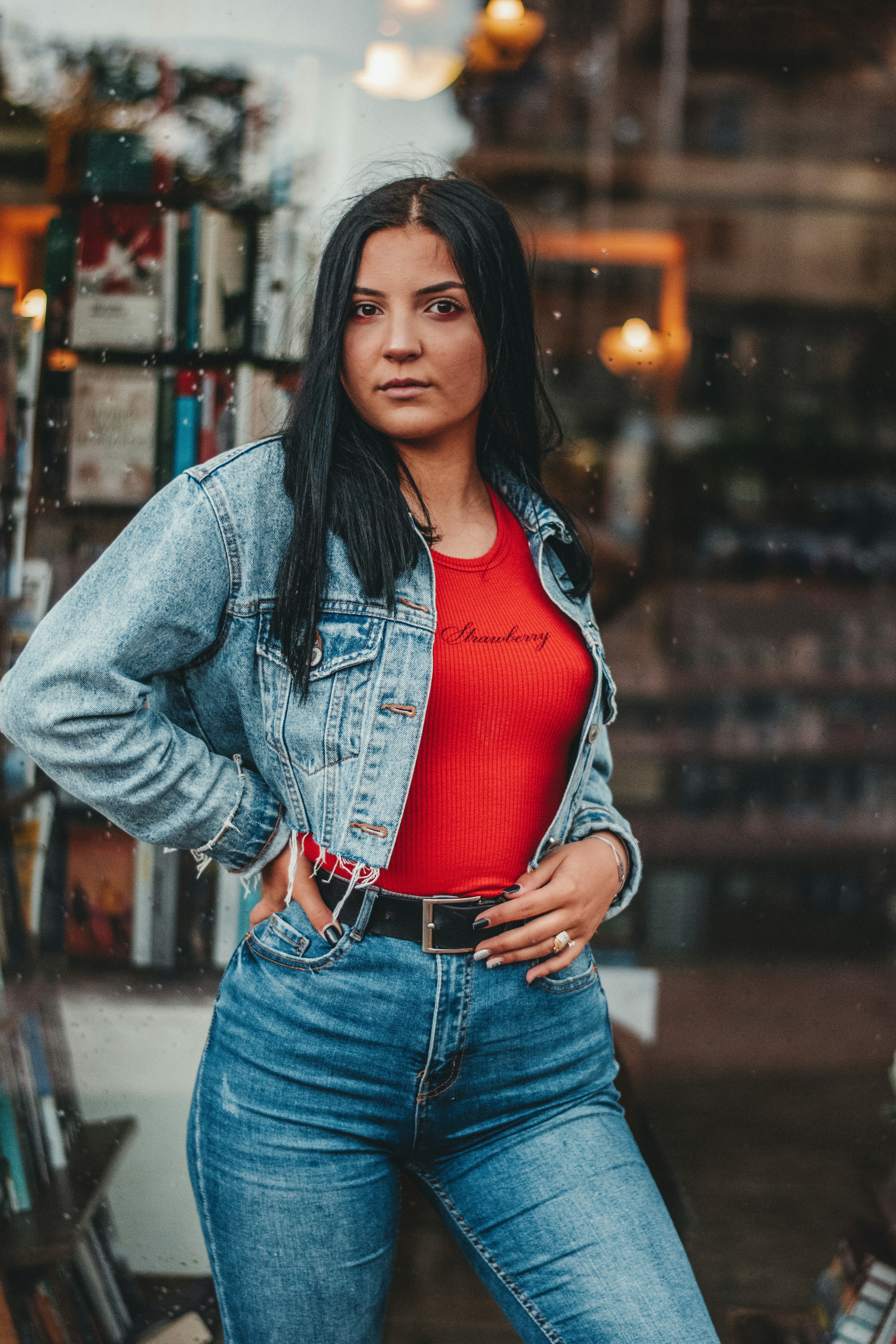 red shirt and blue jeans