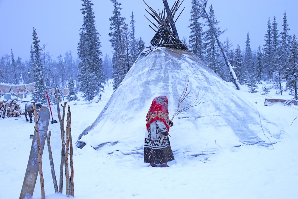 person in red jacket standing on snow covered ground during daytime