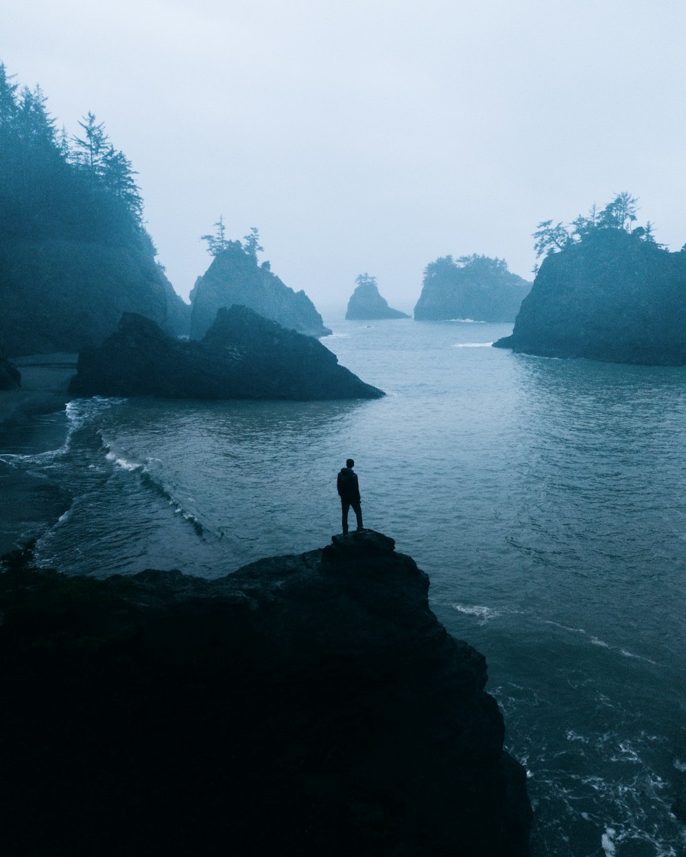 person standing on rock formation near body of water during daytime