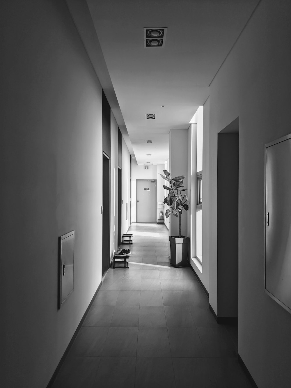 grayscale photo of hallway with white walls