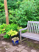 A set of sturdy gardening tools and vibrant planters resting on a wooden garden bench.