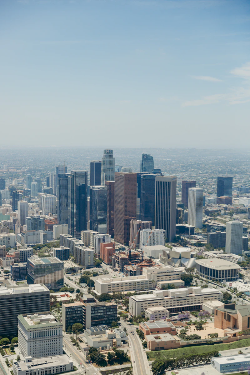 Aerial view of downtown Los Angeles skyline and business district
