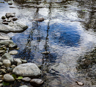 A serene stream flowing over smooth stones, reflecting clear skies.