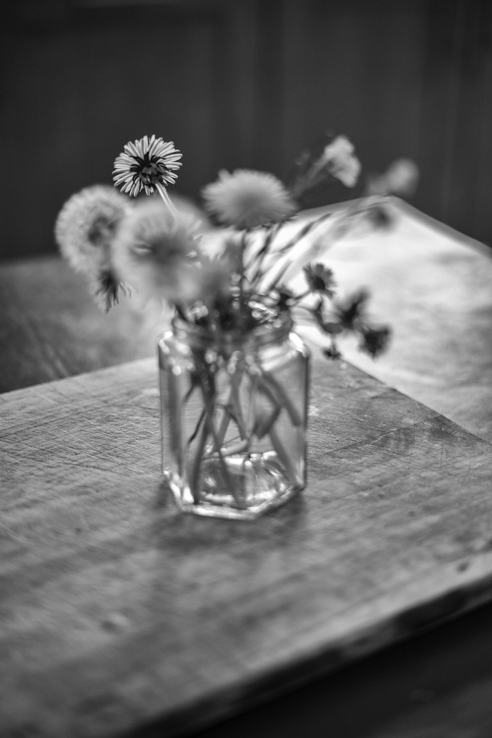 grayscale photo of flowers in clear glass vase