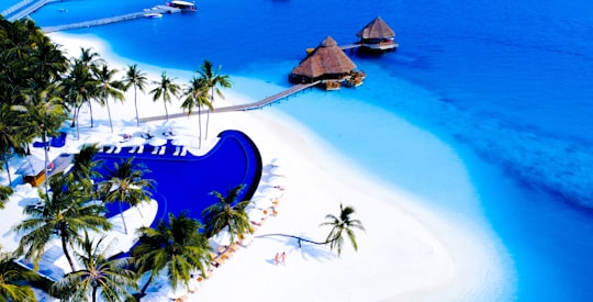 brown wooden house on white sand beach during daytime in Maldive Islands Maldives