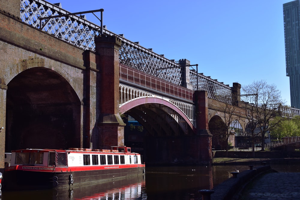 white and red boat under bridge during daytime