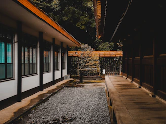 An inviting courtyard surrounded by minimalist structures with warm wood accents.