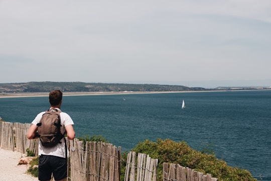 woman in white shirt standing on wooden fence looking at sea during daytime in Leucate France