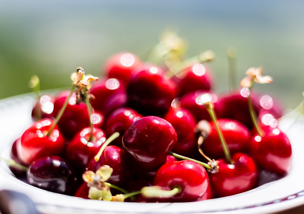 red cherries on white ceramic bowl