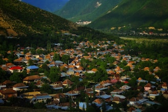 houses on green grass field near mountain during daytime