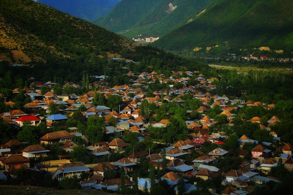 casas no campo de grama verde perto da montanha durante o dia