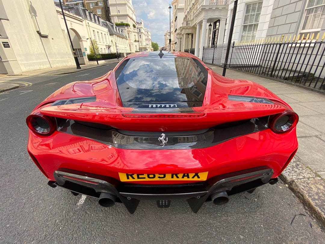A Ferrari 488 parked in a quiet Belgravia street during lockdown.  The lack of traffic or pedestrians emphasised the remarkable design. 
