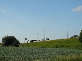 A scenic landscape features a bright green field in the foreground with a grassy hill leading up to a busy roadway. Several trucks and trailers are traveling along the road, which is lined with tall streetlights. Trees and shrubs border the scene, and the sky above is clear blue with a few scattered clouds.