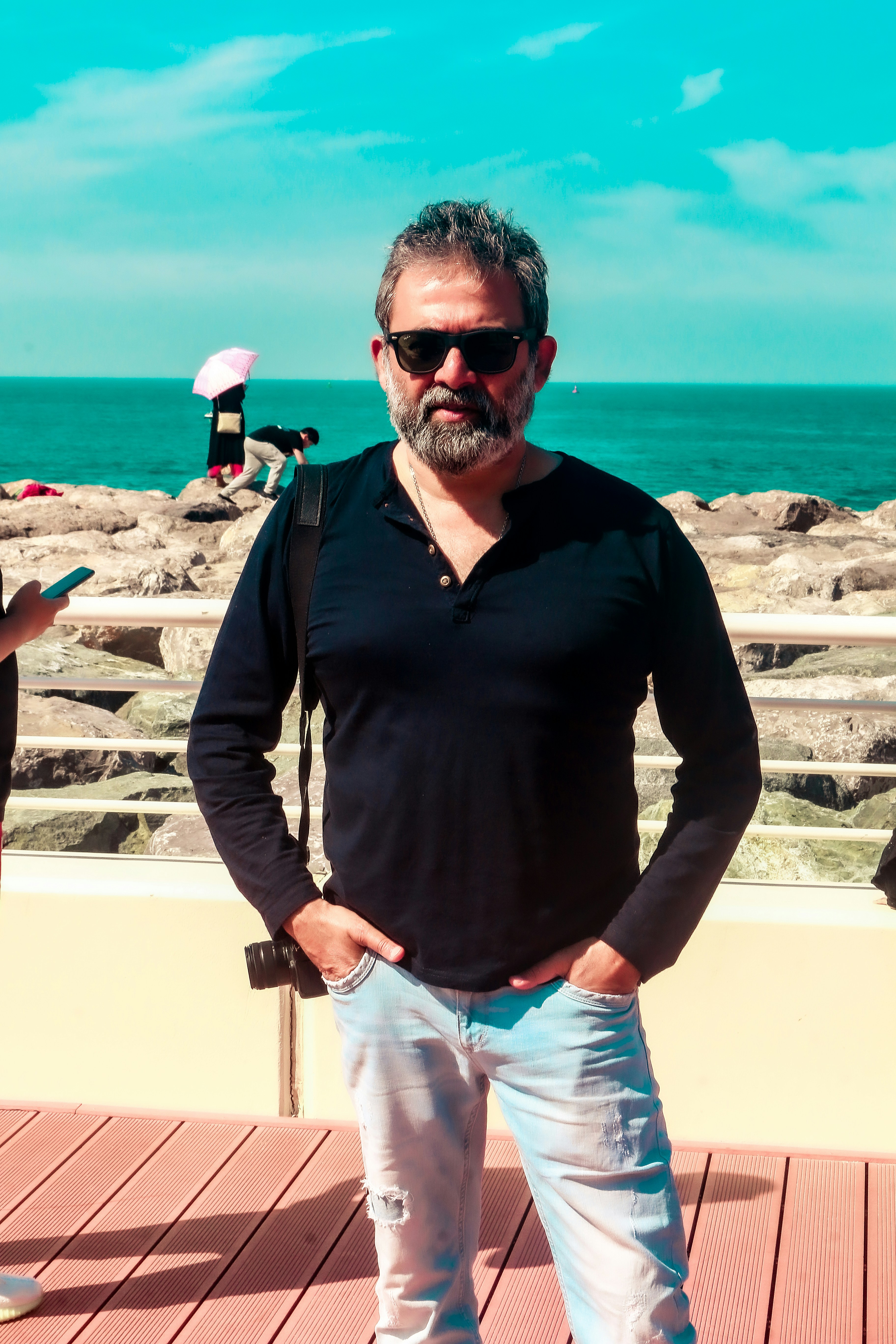 cream shirt and blue jeans