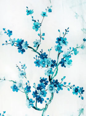 a painting of blue flowers on a white background