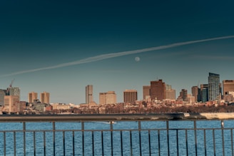 city skyline across body of water during night time