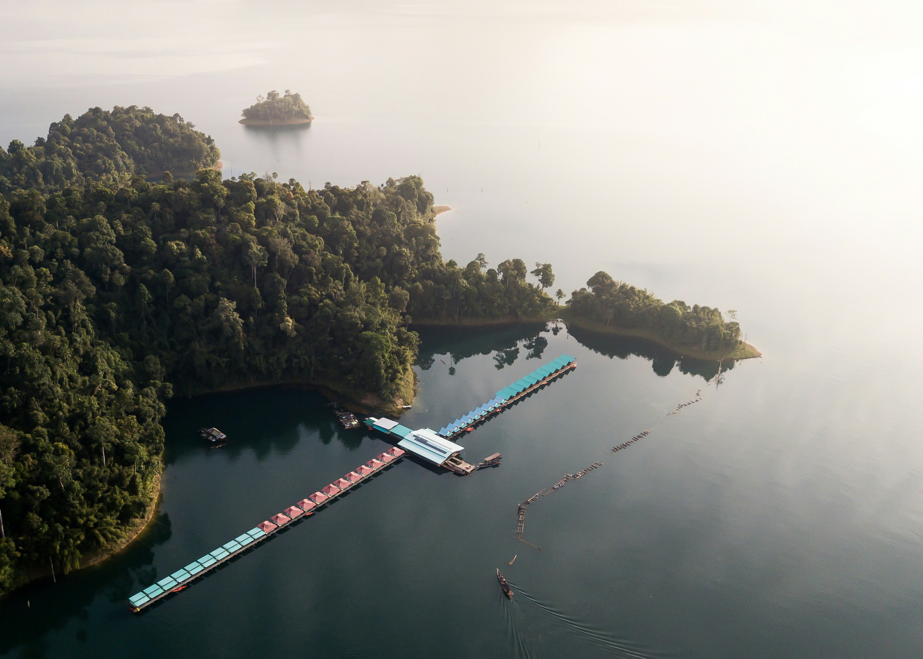 낮에는 나무 근처 강에 있는 하얀 배