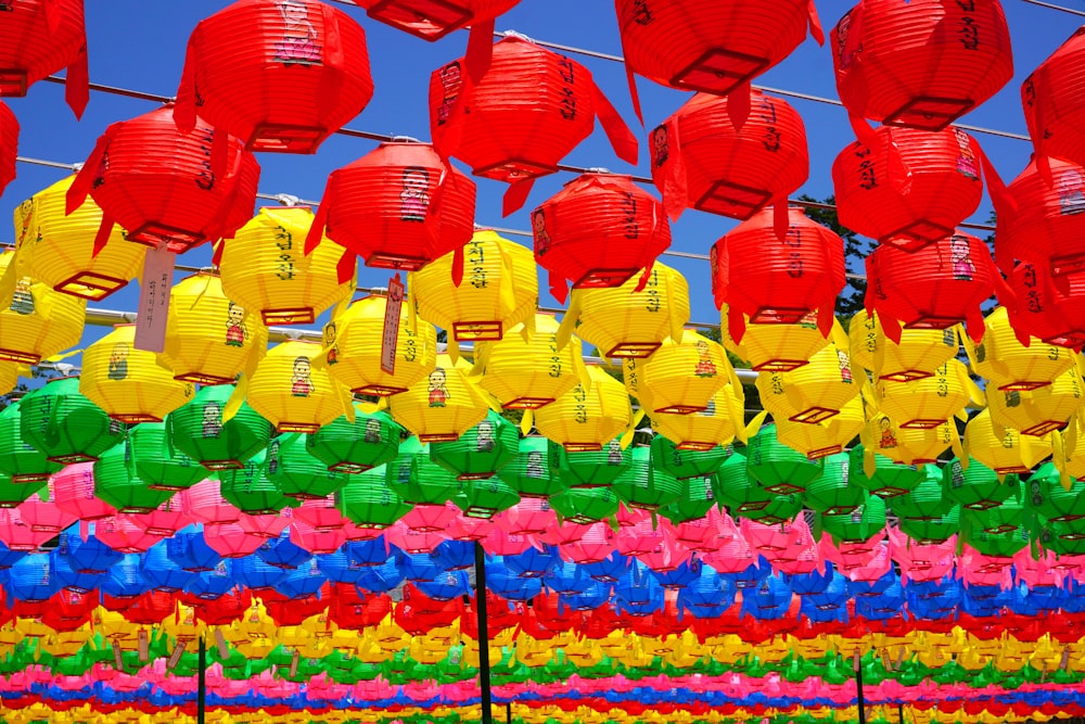 red blue and yellow paper lanterns