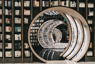 brown wooden book shelves in a library