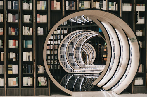 brown wooden book shelves in a library