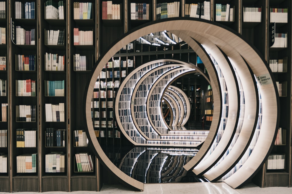 brown wooden book shelves in a library