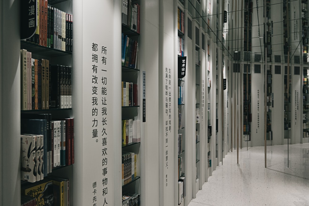 white wooden shelves with books