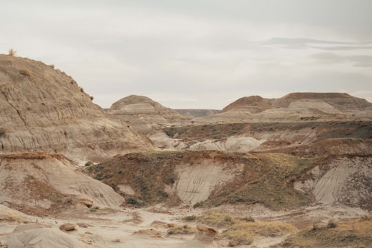 brown rocky mountain under white sky during daytime in Dinosaur Provincial Park Canada