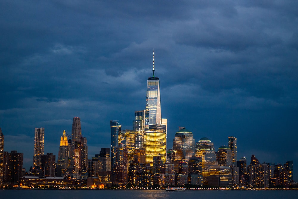 city skyline during night time