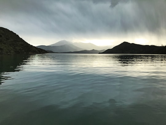body of water near mountain under cloudy sky during daytime in Picton New Zealand