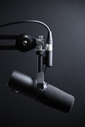 black and silver microphone with stand