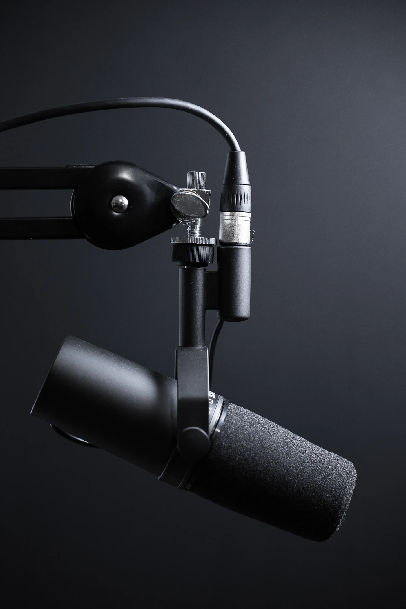 Professional microphone and audio setup in a soundproof podcast recording studio