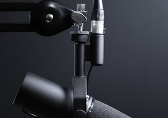 black and silver microphone with stand