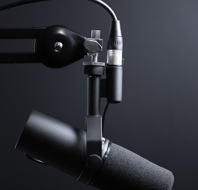 black and silver microphone with stand