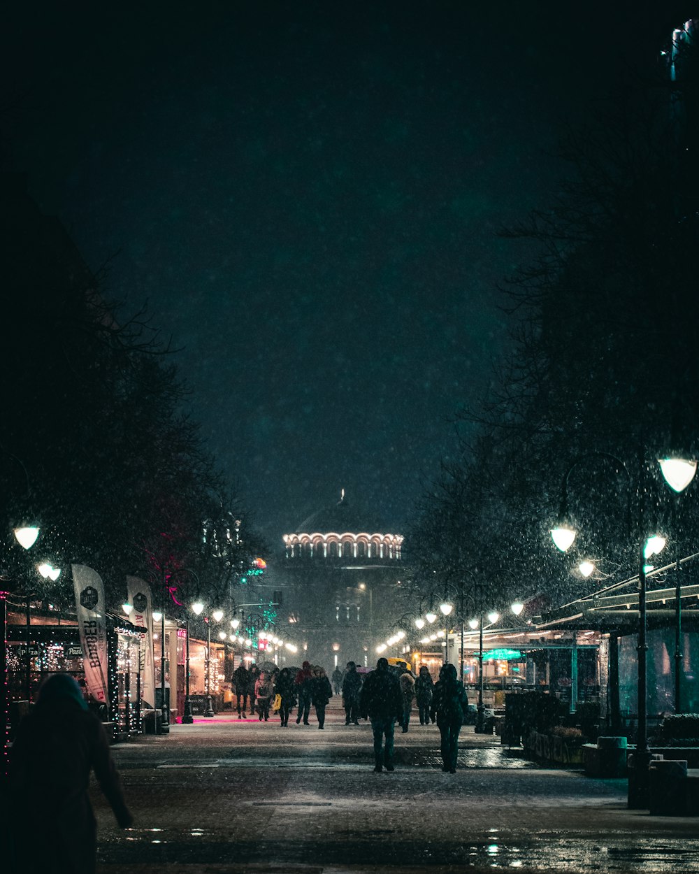 people walking on street during night time