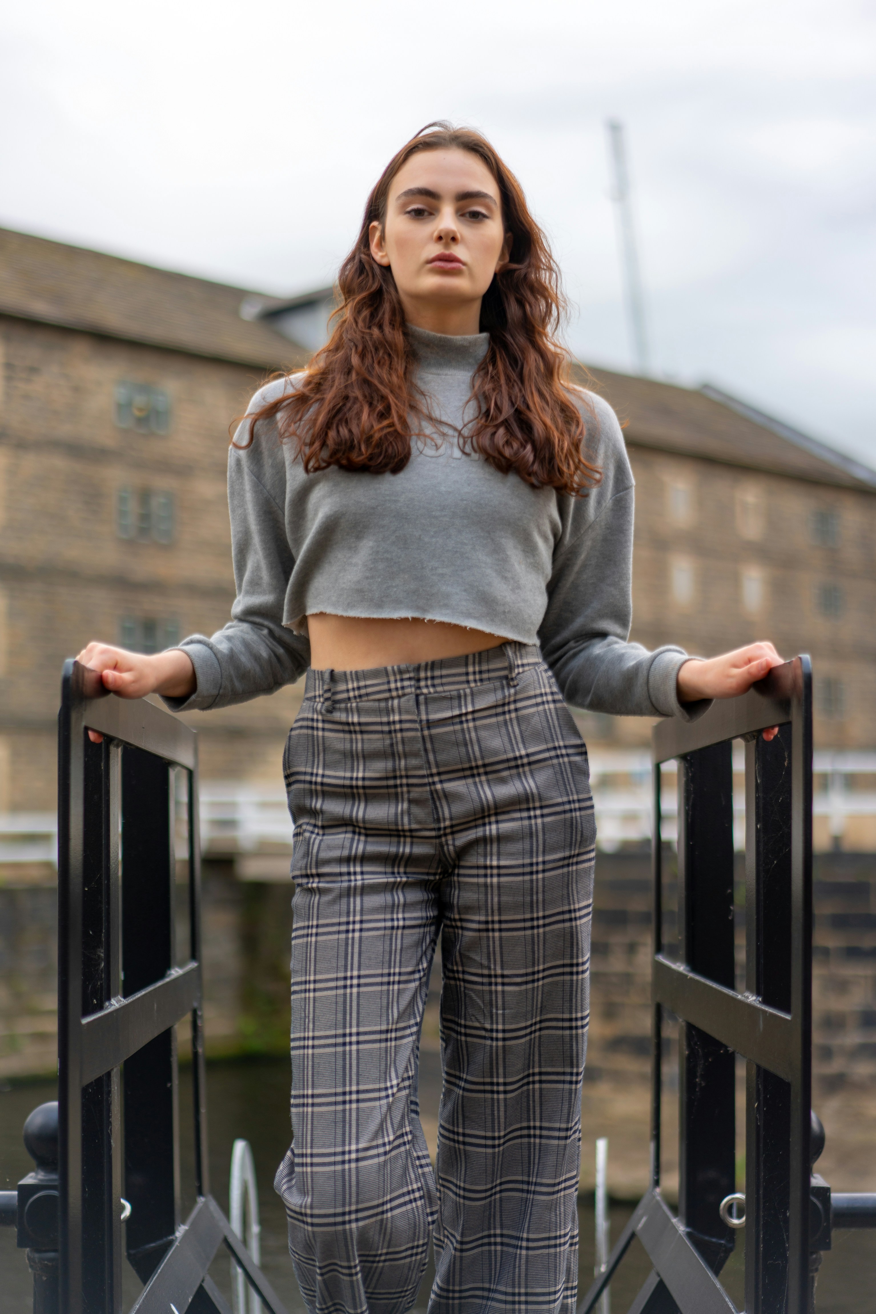 gray and black plaid pants